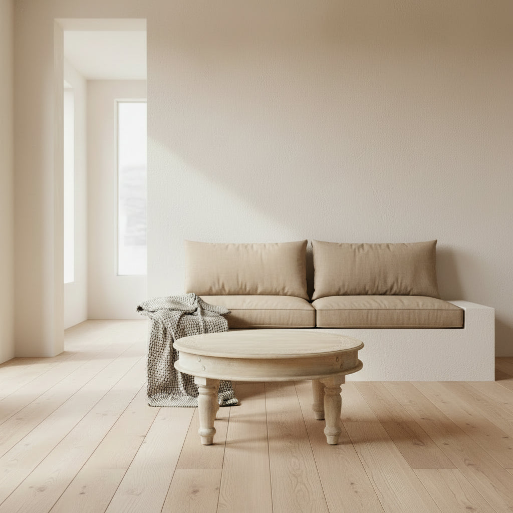 round indian coffee table, bleached in a wabi sabi living room