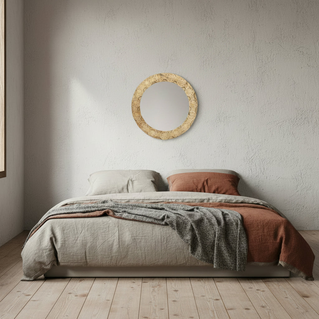 Round decorative mirror with an ornate carved beige frame featuring geometric and floral patterns, shown against a plain white background.