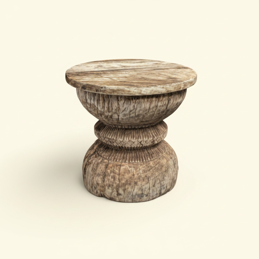 okhali carved side table, one of a kind, bedside, side table, Indian, Unique. Bisque.
