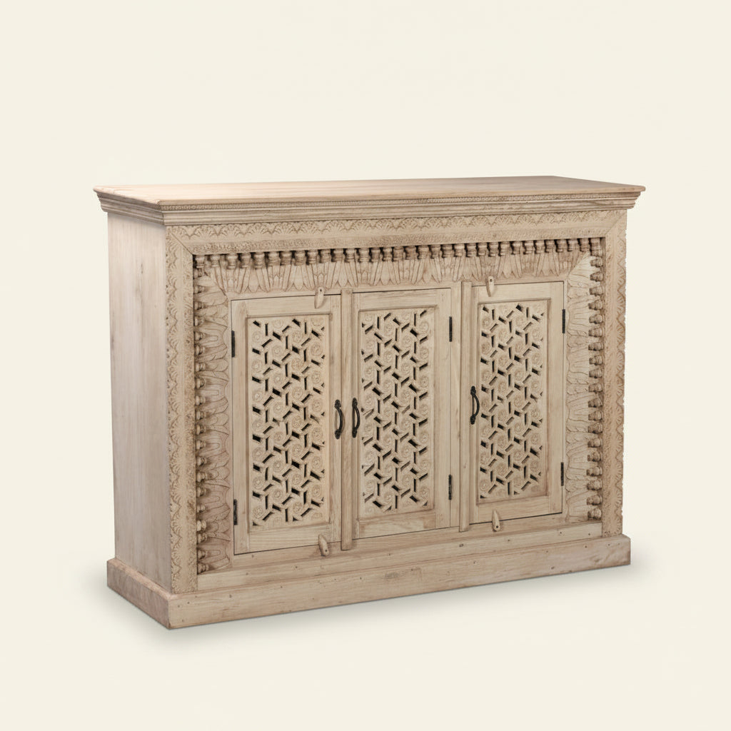 white washed 3 door wooden 162cm cabinet with carved detailing