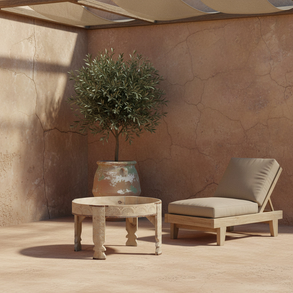 indian grinder coffee table, bleached in wabi sabi outdoor setting