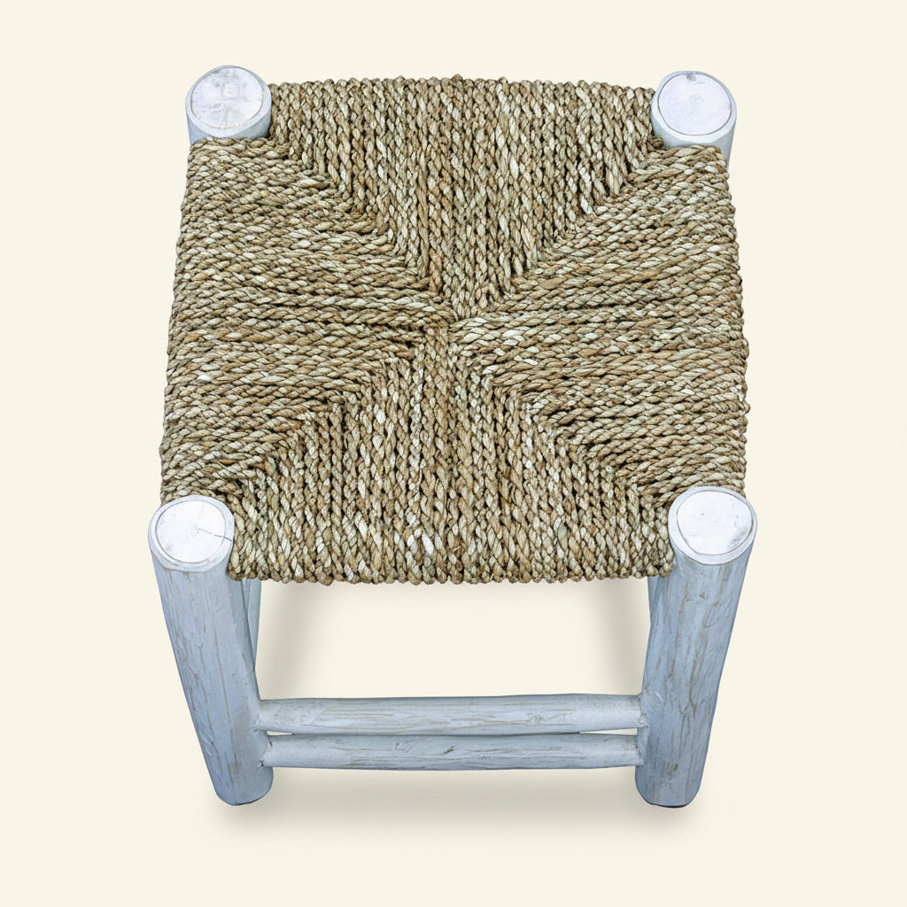 white washed stool with woven sisal seat. Bisque 40cm