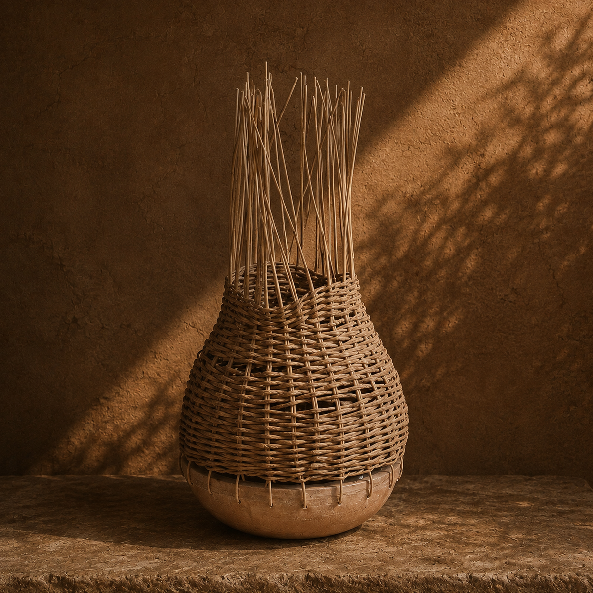 Miko : Terracotta Bowl with Dark Rattan Top