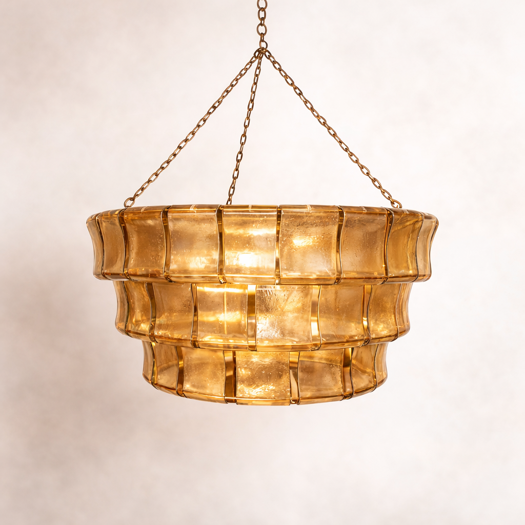 Vetro : Hand Blown Recycled Amber/Brown Glass Panels Chandelier 70cm
