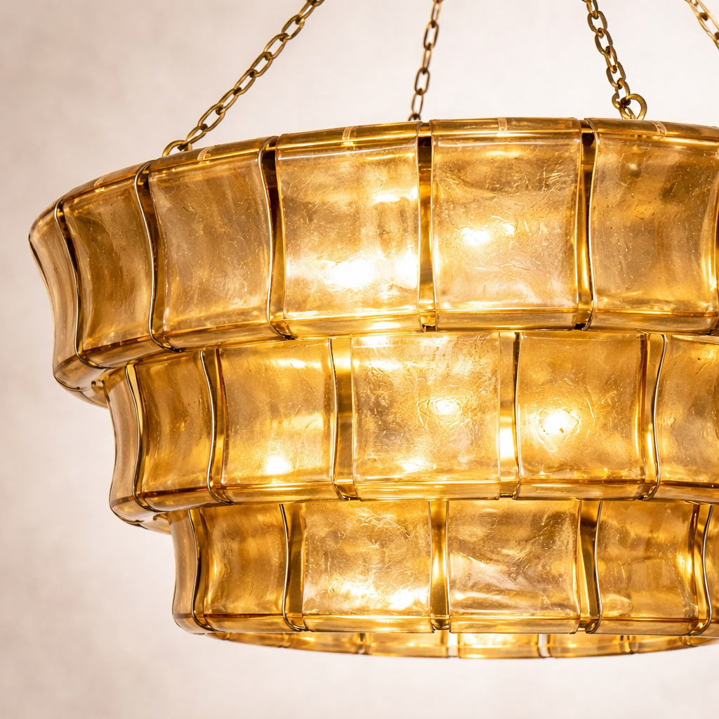 Vetro : Hand Blown Recycled Amber/Brown Glass Panels Chandelier 70cm