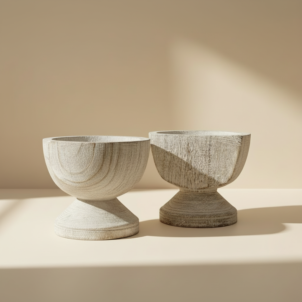 Two textured, pedestal-style stone planters in a light grayish-beige finish, displayed on a matching beige surface against a warm beige background with soft diagonal shadows.