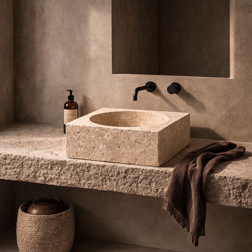 Lumbani : Square Stone Basin with round inner.