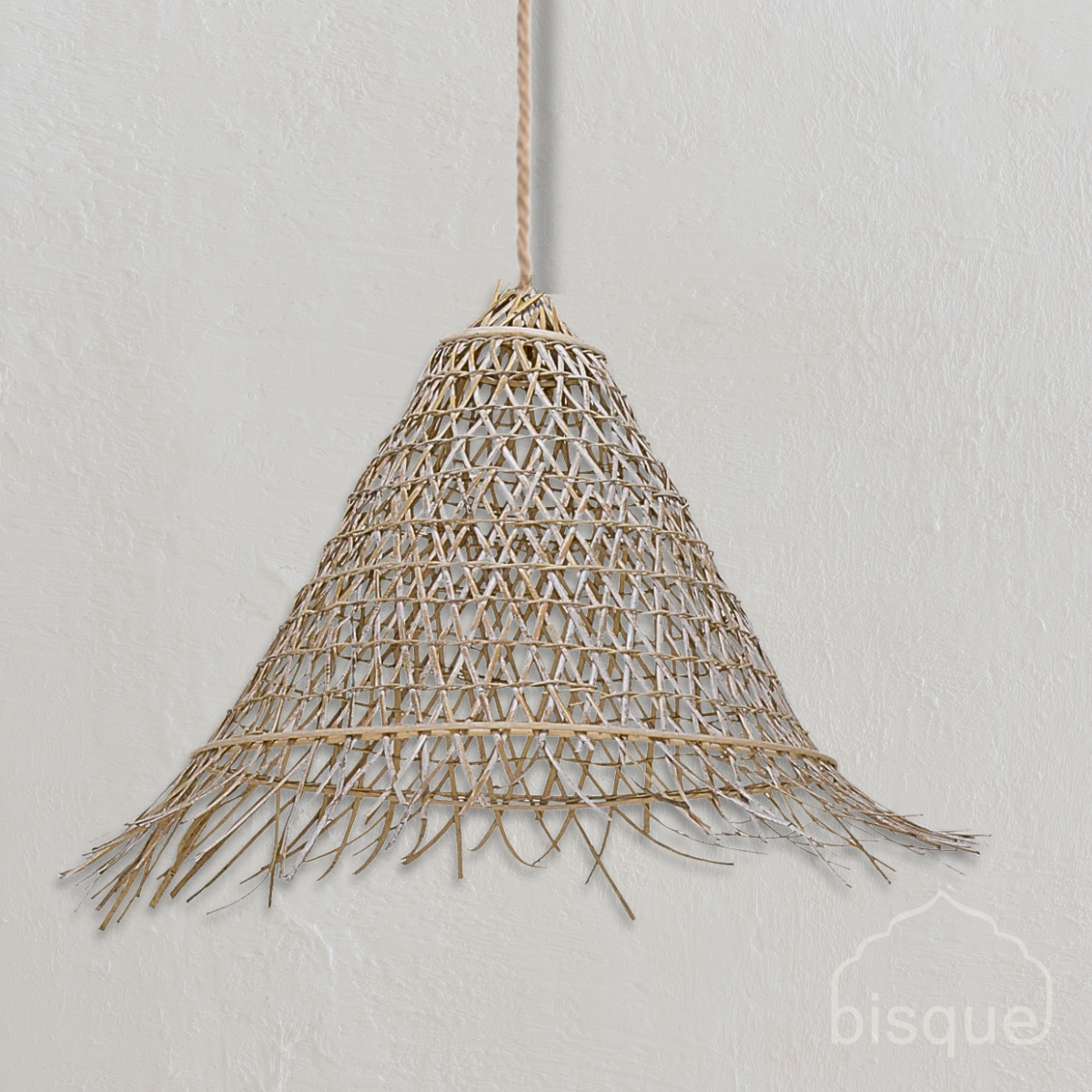 Bakari : Cone Shaped Rattan Pendant, Whitewashed Small