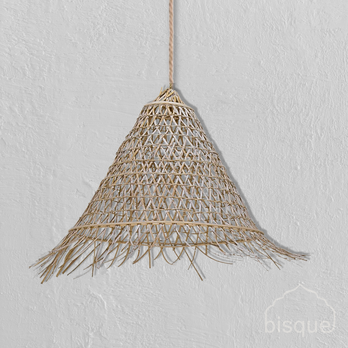 Bakaru : Cone Shaped Rattan Pendant Whitewashed, Large