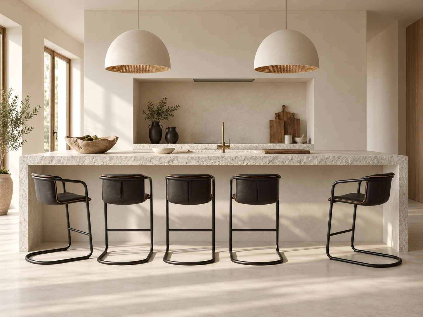 A modern kitchen island with a light stone countertop and four black bar stools, set in a bright, minimalist kitchen with pendant lights and warm natural light.