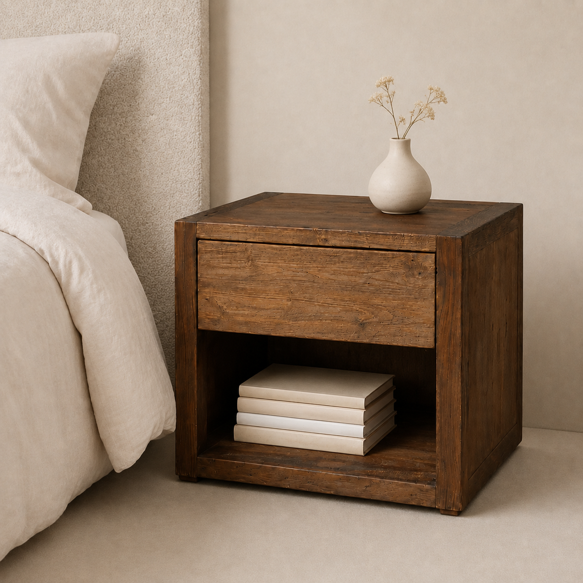 A rustic dark brown wooden nightstand with a single drawer and open shelf, styled next to a bed with white bedding and a small white vase on top.