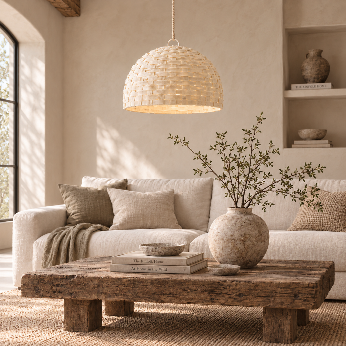 A woven natural-fiber pendant light hangs above a rustic wooden coffee table in a warm, neutral-toned living room with a cream sofa, textured pillows, and a large ceramic vase with dried branches.