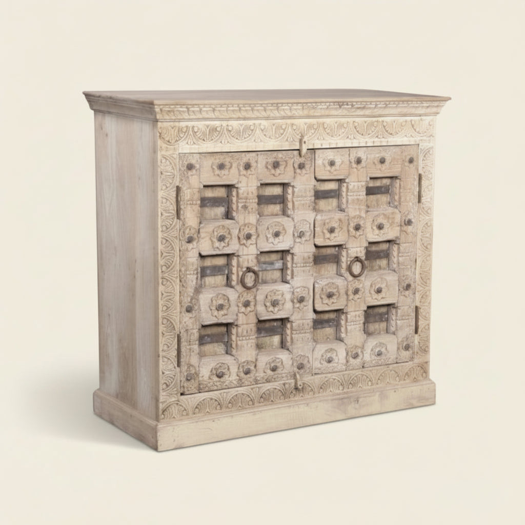wooden carved two door white washed cabinet 