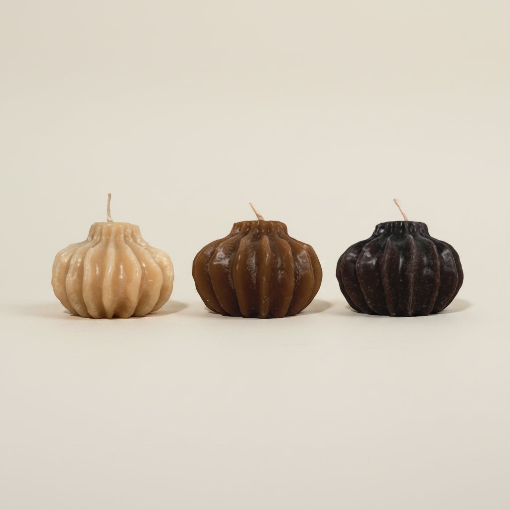Gatimu : Small Round Ridged Candle | Beige | Tan | Black
