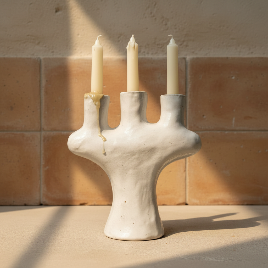 A ceramic triple candleholder with an off-white and grey glaze, designed to hold three candles.