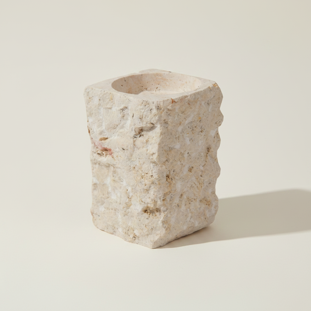 A rustic, textured stone candle holder with a rough, weathered surface and a square top, shown on a warm off-white background with a soft shadow.
