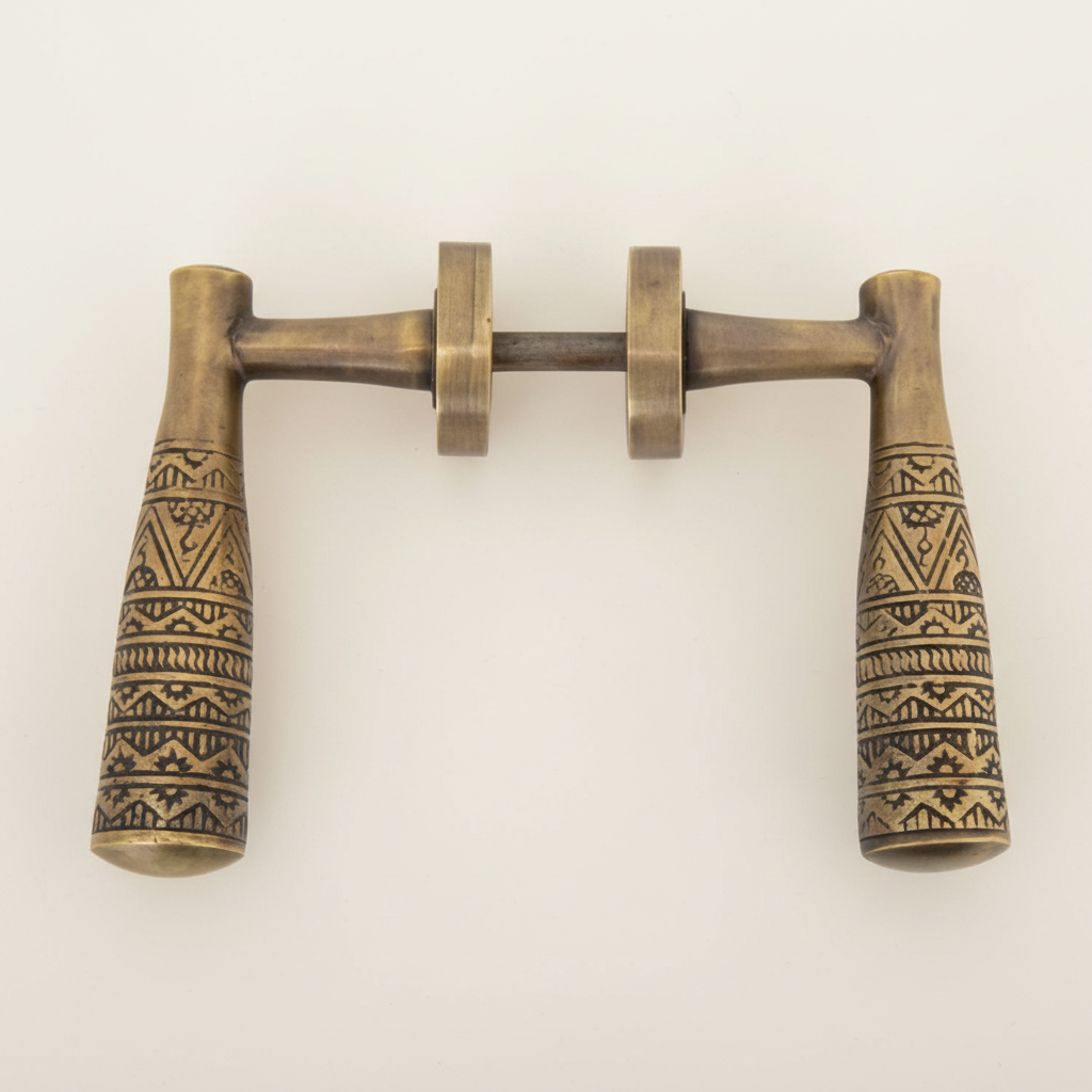 An antique brass double hook with intricate geometric engravings on the handles, displayed against a clean off-white background.