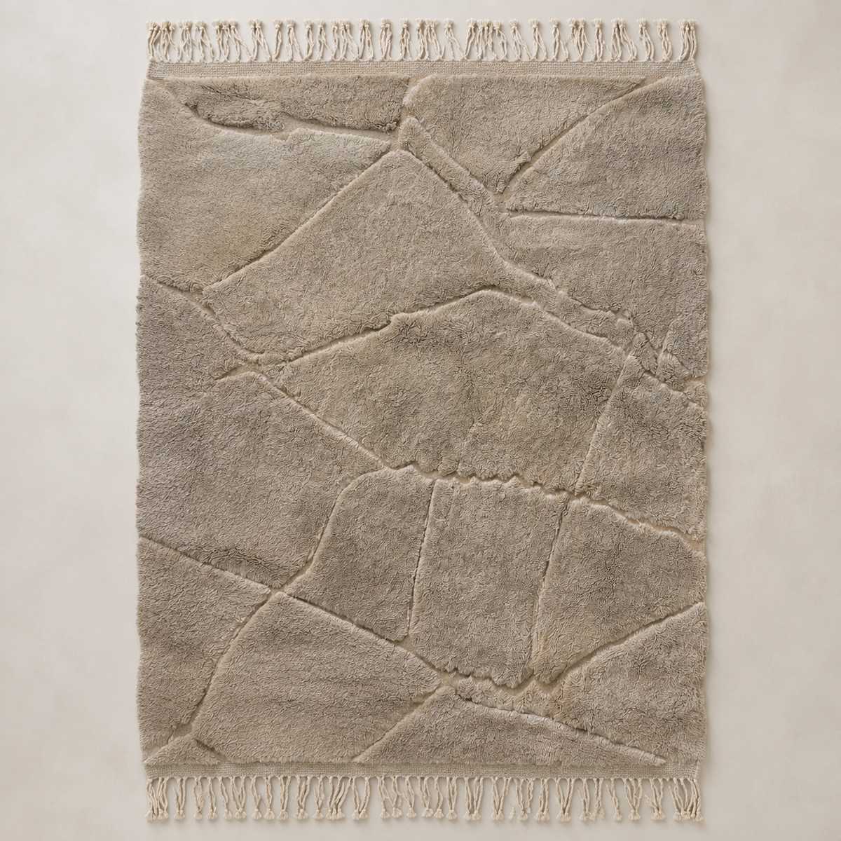 A rectangular area rug with an abstract, organic geometric pattern in a light taupe-gray color, featuring cream-colored fringe on both the top and bottom edges, laid flat against a neutral light beige background.