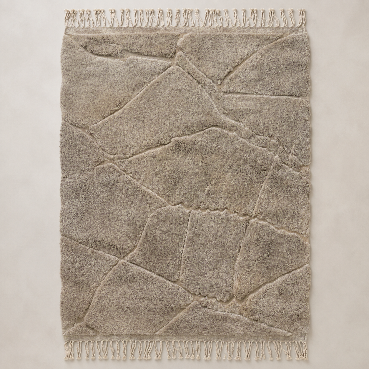 A rectangular area rug with an abstract, organic geometric pattern in a light taupe-gray color, featuring cream-colored fringe on both the top and bottom edges, laid flat against a neutral light beige background.