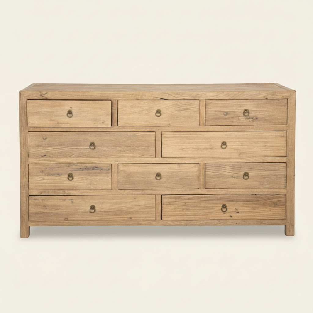 Celina cabine recycled pine cabinet with ten drawers. Natural finish. 