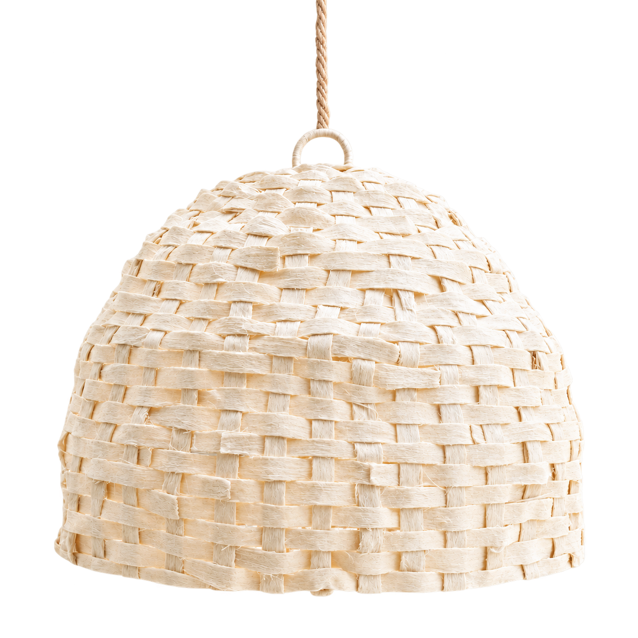 A dome-shaped woven pendant light shade made from natural beige raffia or straw strips, suspended by a twisted rope loop from a ceiling.