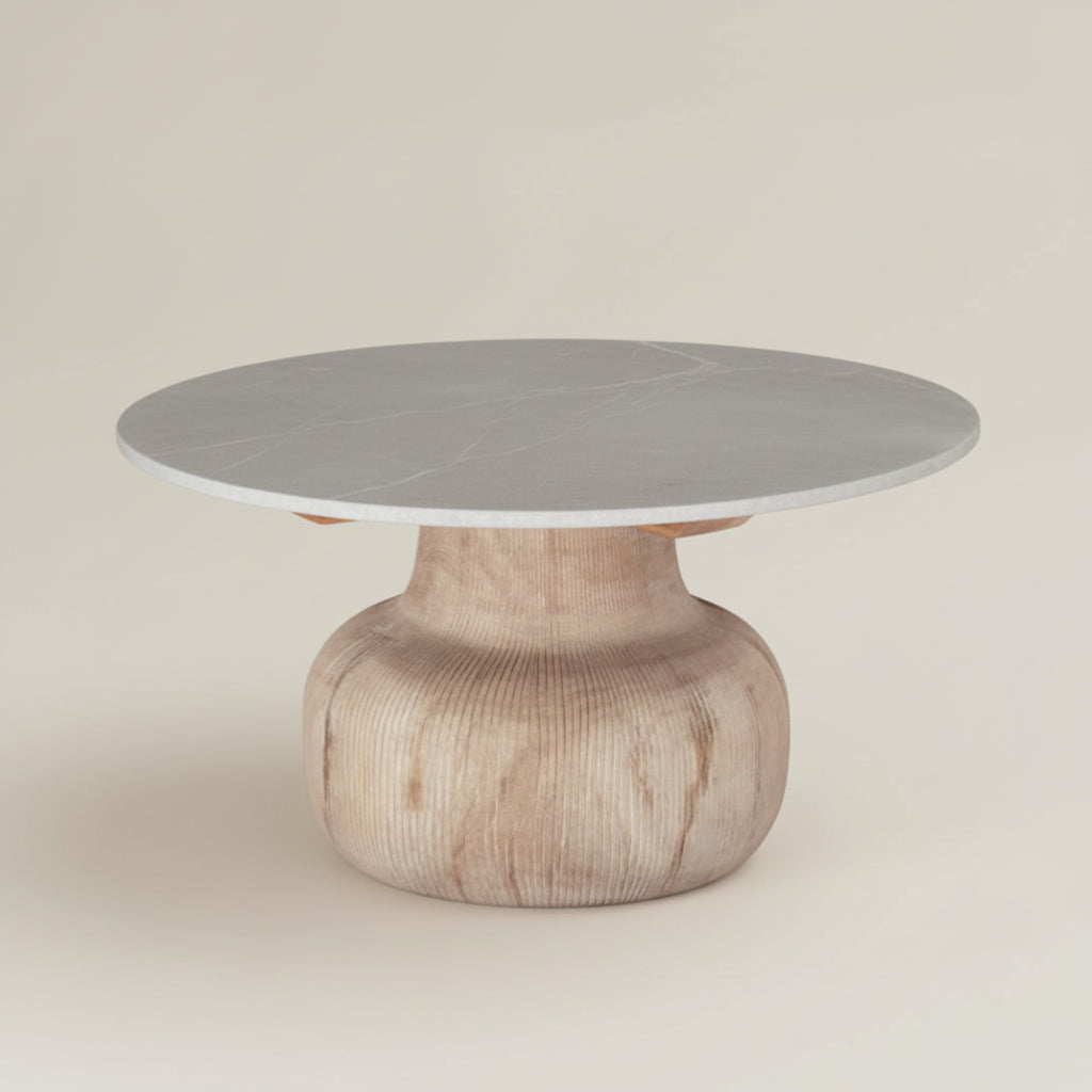 round white marble top and reclaimed woodern base coffee table Bisque 