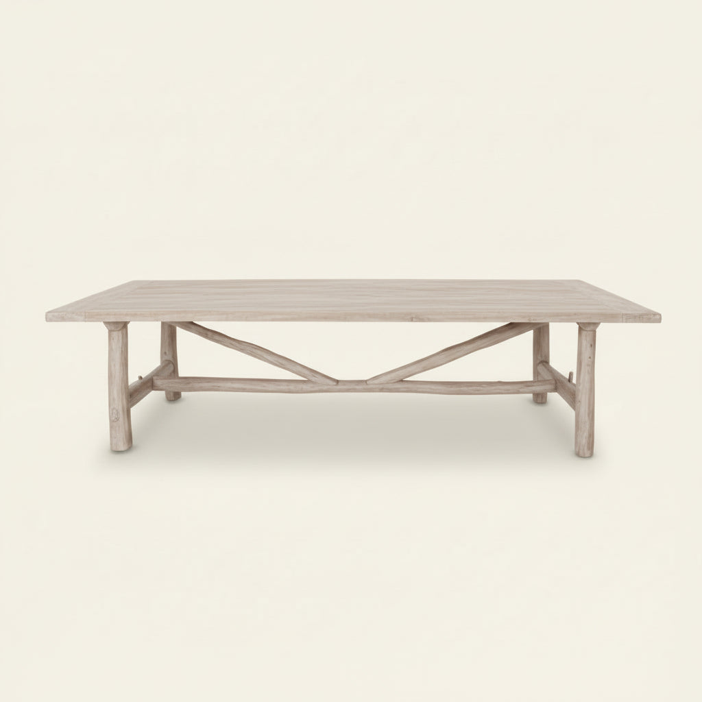 Wooden log style white wash teak dining table with on a white background