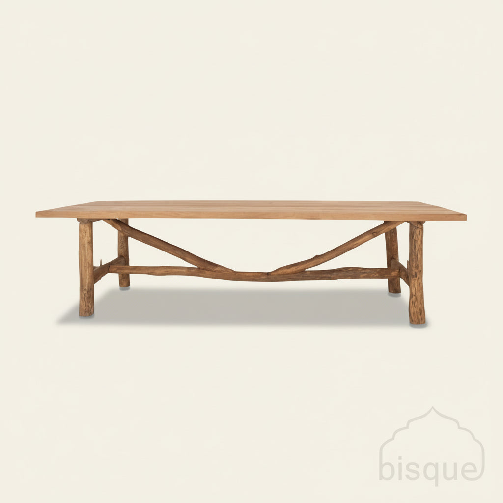 Wooden log style natural dining table with a rustic design on a beige background, branded 'bisque'.