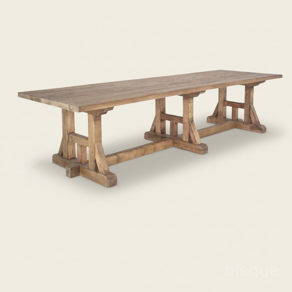 Wooden farmhouse style 3.2m dining table against a textured white wall