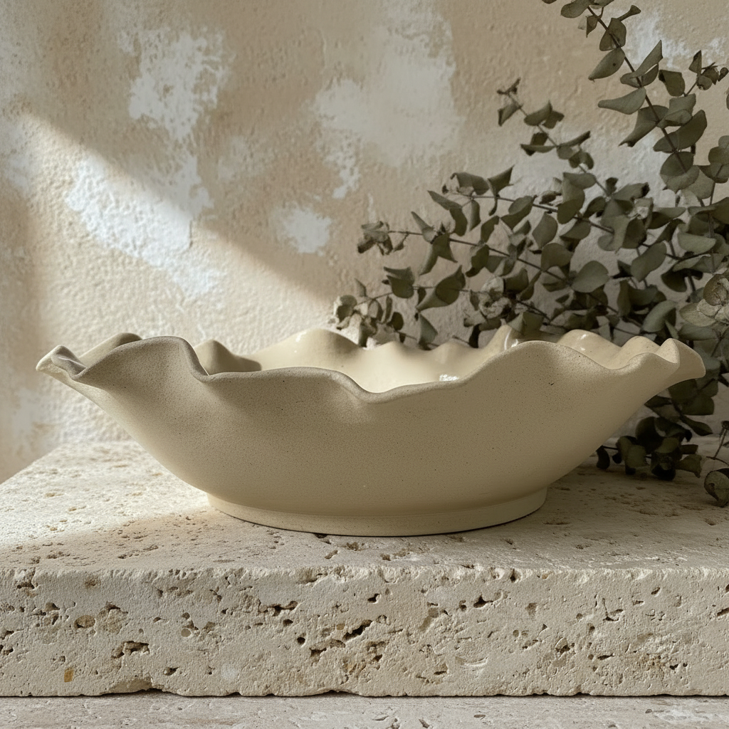 A beige ceramic bowl with a wavy, scalloped rim sits on a textured stone slab against a rustic plaster wall with soft sunlight and shadow patterns.
