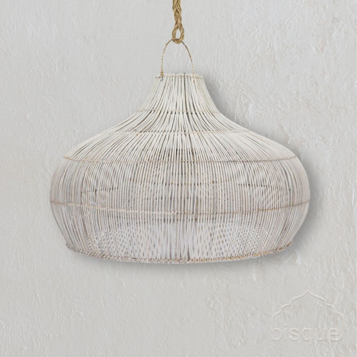 Fish Trap Rattan Wide  Pendant, Whitewashed