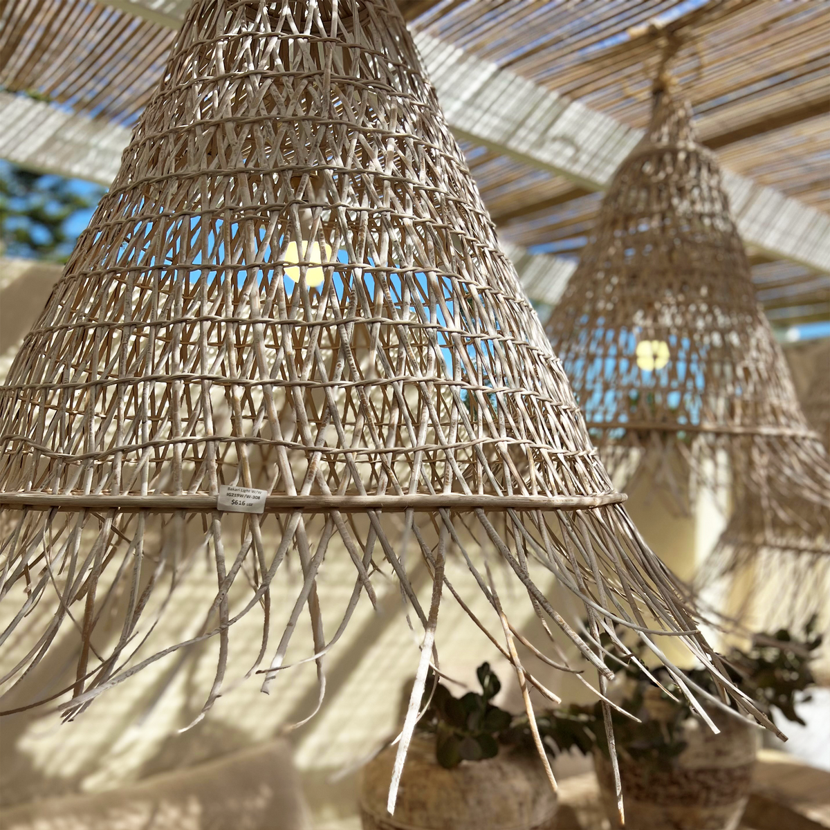 Bakari : Cone Shaped Rattan Pendant, Whitewashed Small