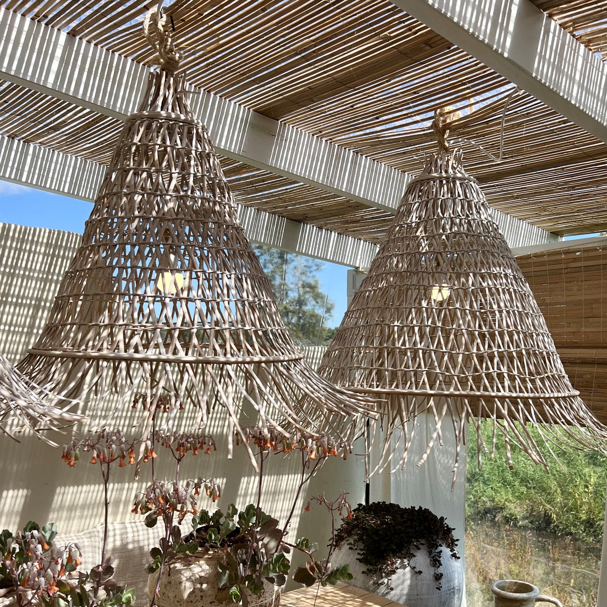 Bakari : Cone Shaped Rattan Pendant, Whitewashed Small