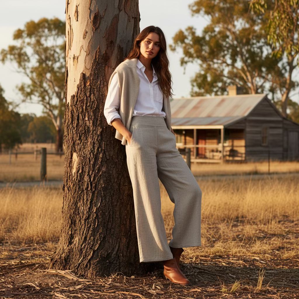 Renata : Linen Wide Leg Pants, Small - Medium, Flat Front | Natural