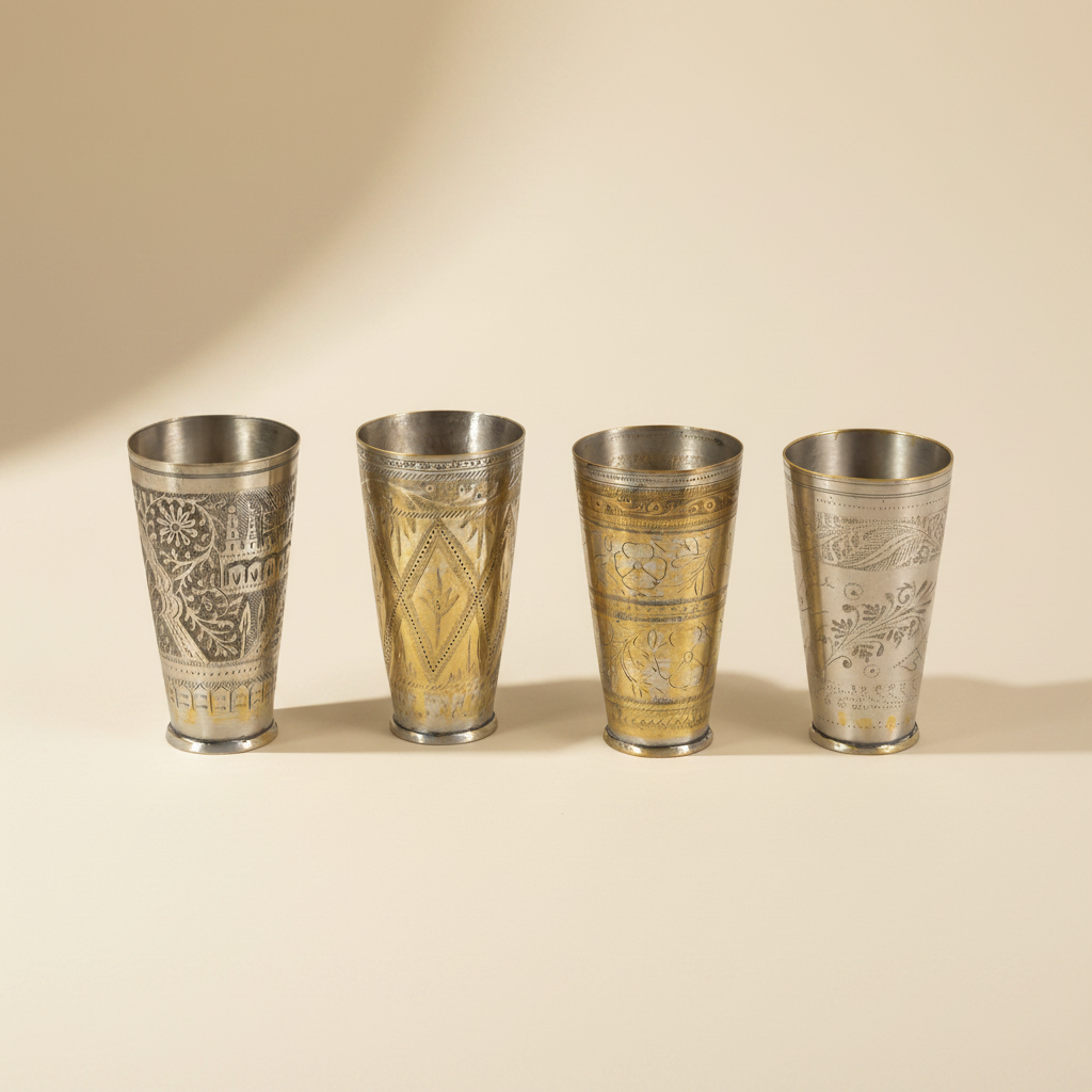 Four engraved metal cups lined up on a warm beige surface with a matching background. Three cups are gold-toned and one is silver-toned, all with detailed decorative engravings.