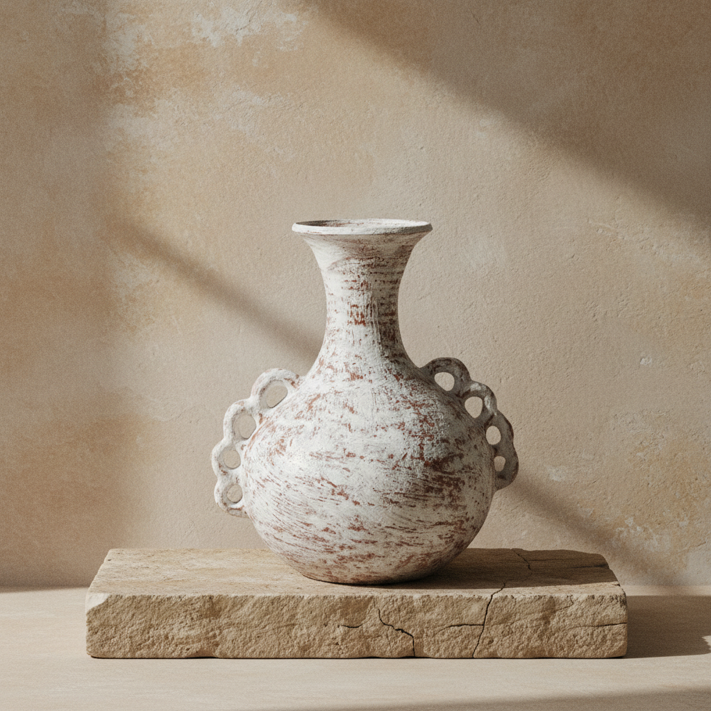 A distressed ceramic vase with a bulbous body, narrow neck, and decorative scalloped side handles, displayed on a stone slab against a textured beige wall with soft shadows.
