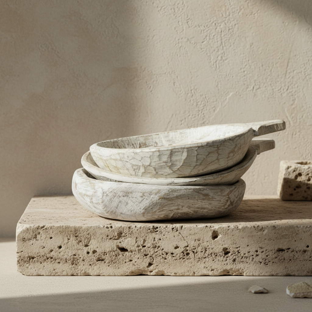 Set of three distressed wooden bowls on a white background