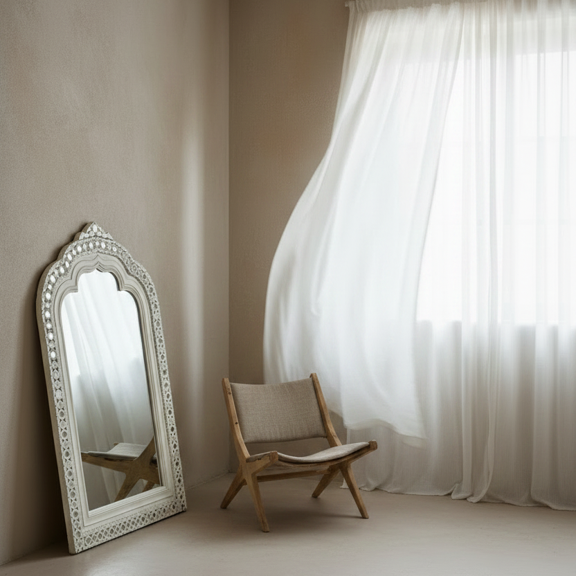 Room with a tall mirror, wooden chair, and large window with white curtains.