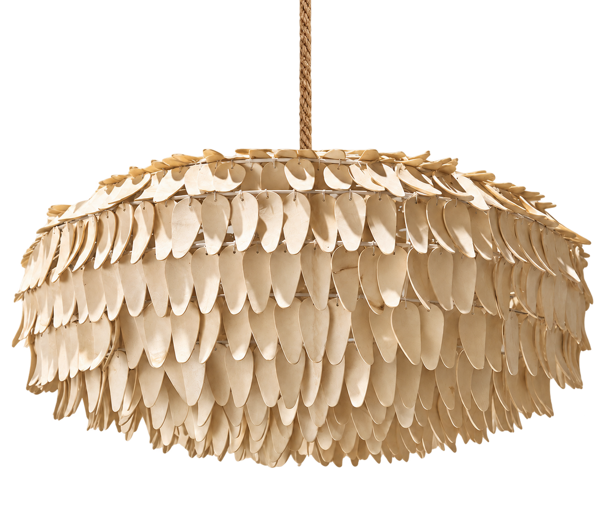 A modern pendant chandelier featuring a circular shade made of overlapping, scale-like beige elements, suspended from a braided tan rope against a solid white background.