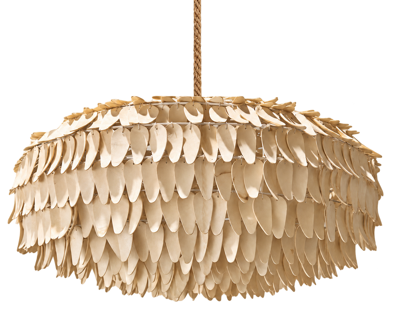 A modern pendant chandelier featuring a circular shade made of overlapping, scale-like beige elements, suspended from a braided tan rope against a solid white background.