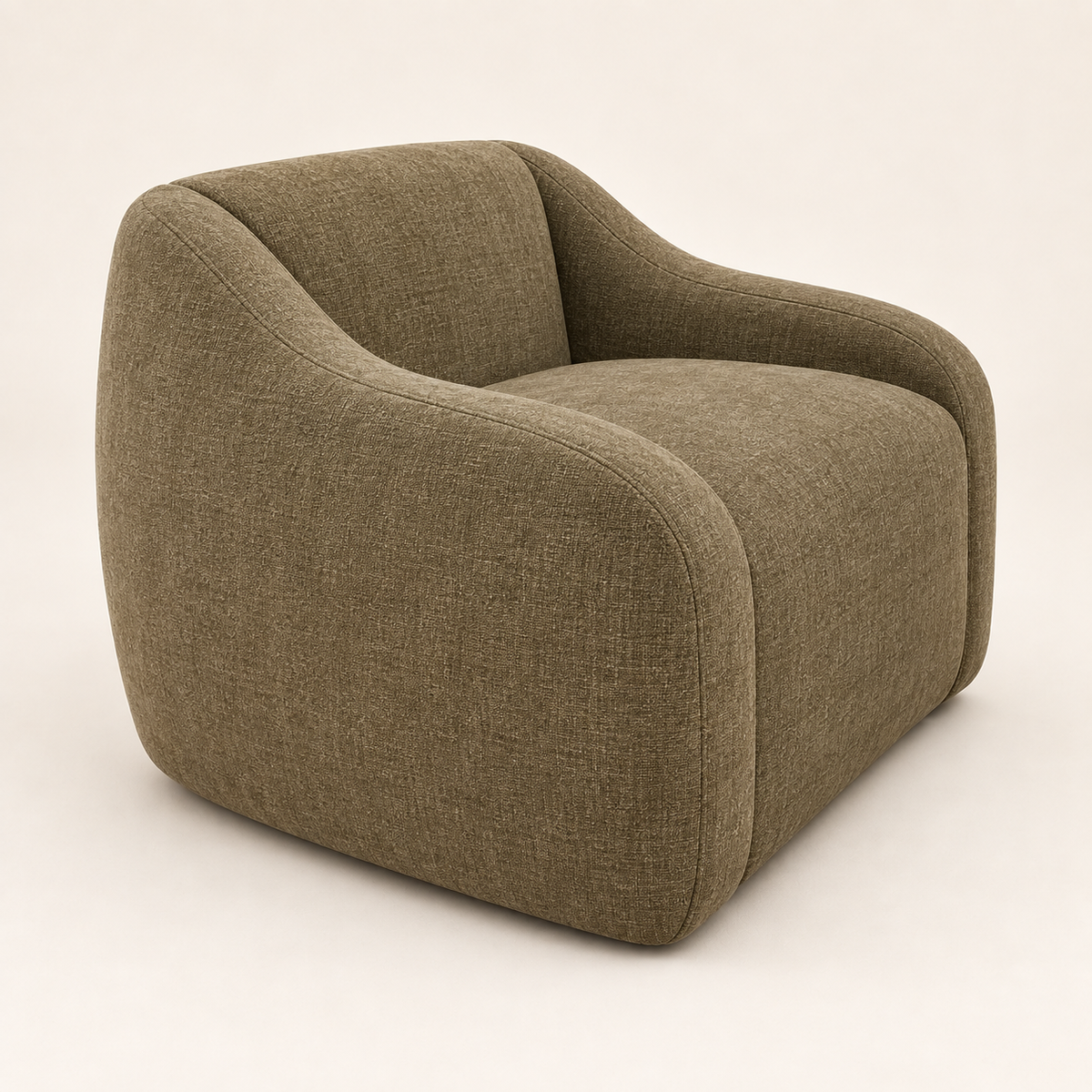 A modern low-profile barrel armchair upholstered in textured olive green fabric, shown from a three-quarters angle on a light beige studio background.