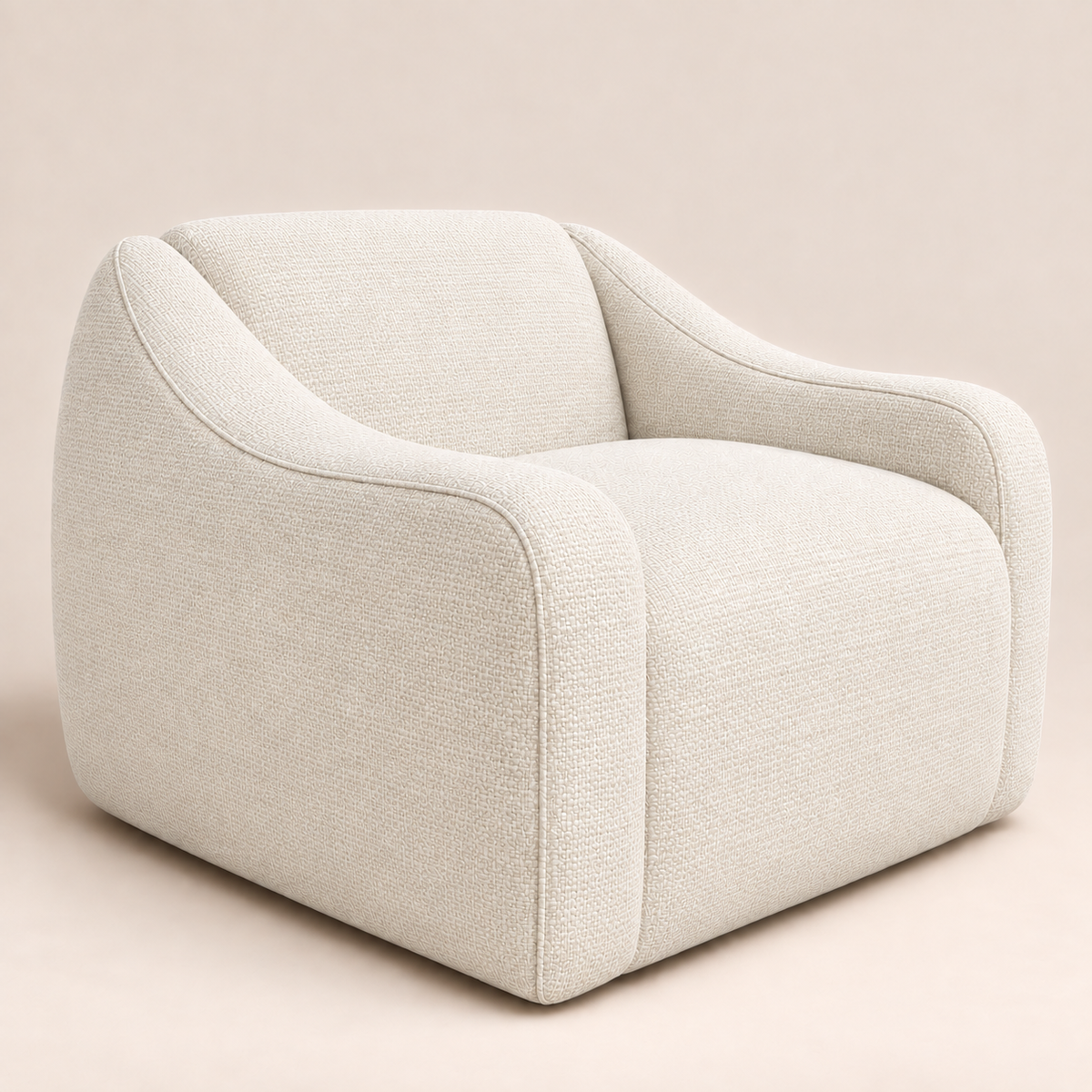 A modern low-profile accent chair upholstered in a textured off white cream fabric, set against a solid warm beige background.