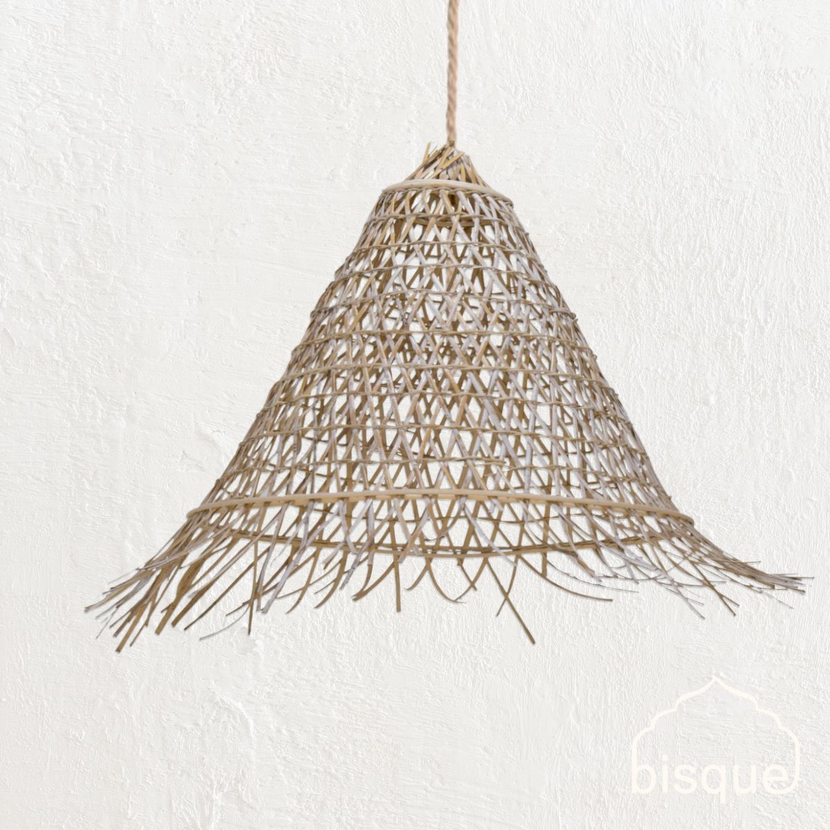 Bakaru : Cone Shaped Rattan Pendant Whitewashed, Large