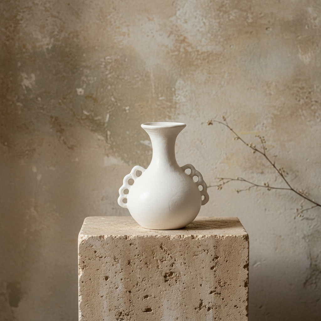 A small white ceramic vase with a flared neck and two decorative loop handles sits centered on a rough stone pedestal against a textured beige wall.