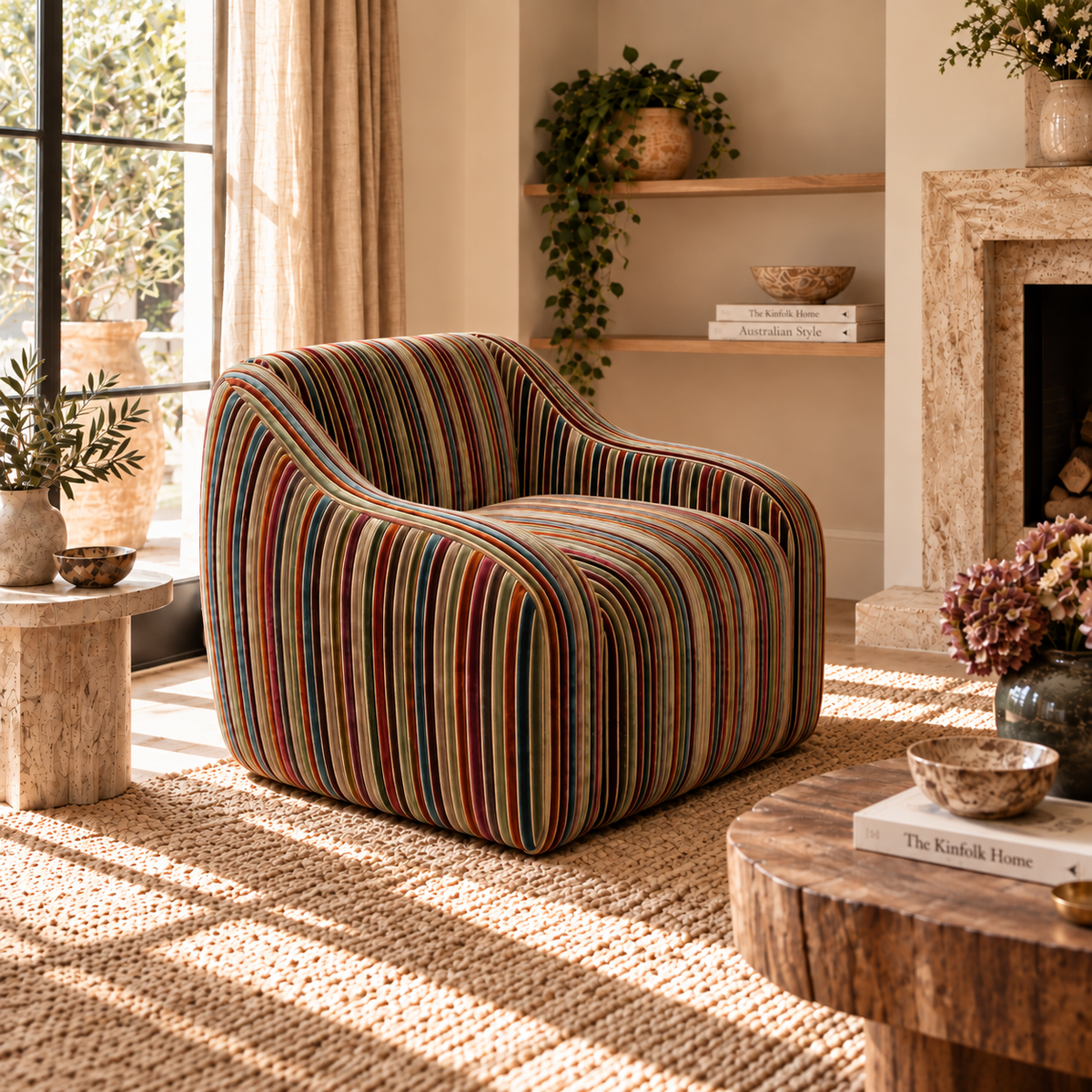 A rounded armchair with a multicolor vertical stripe pattern in red, blue, green, yellow, and brown, styled in a warm, sunlit living room with a woven rug, wooden shelves, and a stone fireplace.