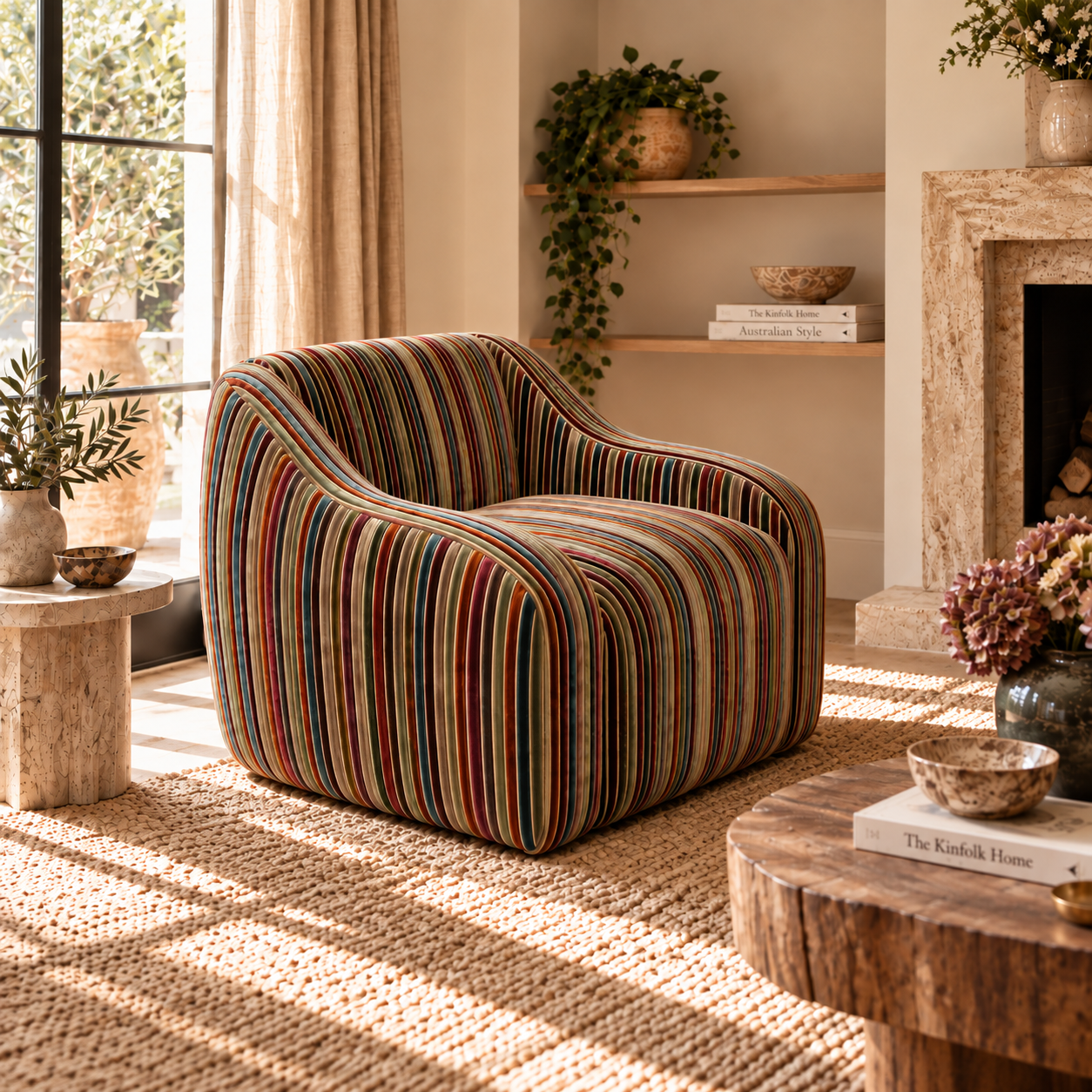 A rounded armchair with a multicolor vertical stripe pattern in red, blue, green, yellow, and brown, styled in a warm, sunlit living room with a woven rug, wooden shelves, and a stone fireplace.