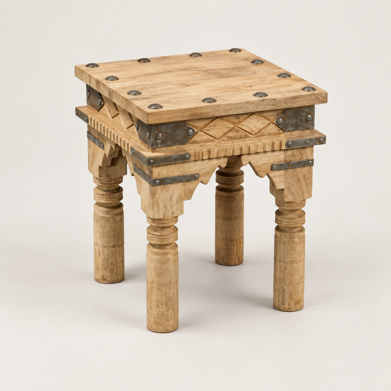 Side Table : Binita : Carved Mango Wood & Metal | Natural | OUTLET