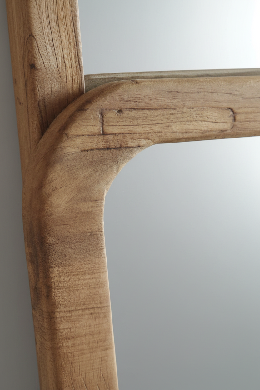Close-up of a rustic wooden furniture corner with a curved, hand-carved joint and visible wood grain, set against a neutral gray background.