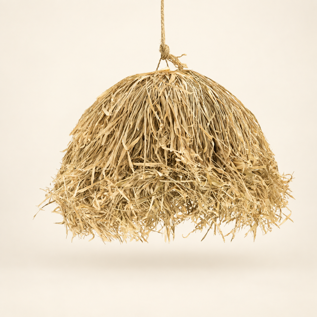 A dome-shaped pendant light made from natural dried straw or raffia fibers, suspended by a rope against a plain off-white background.