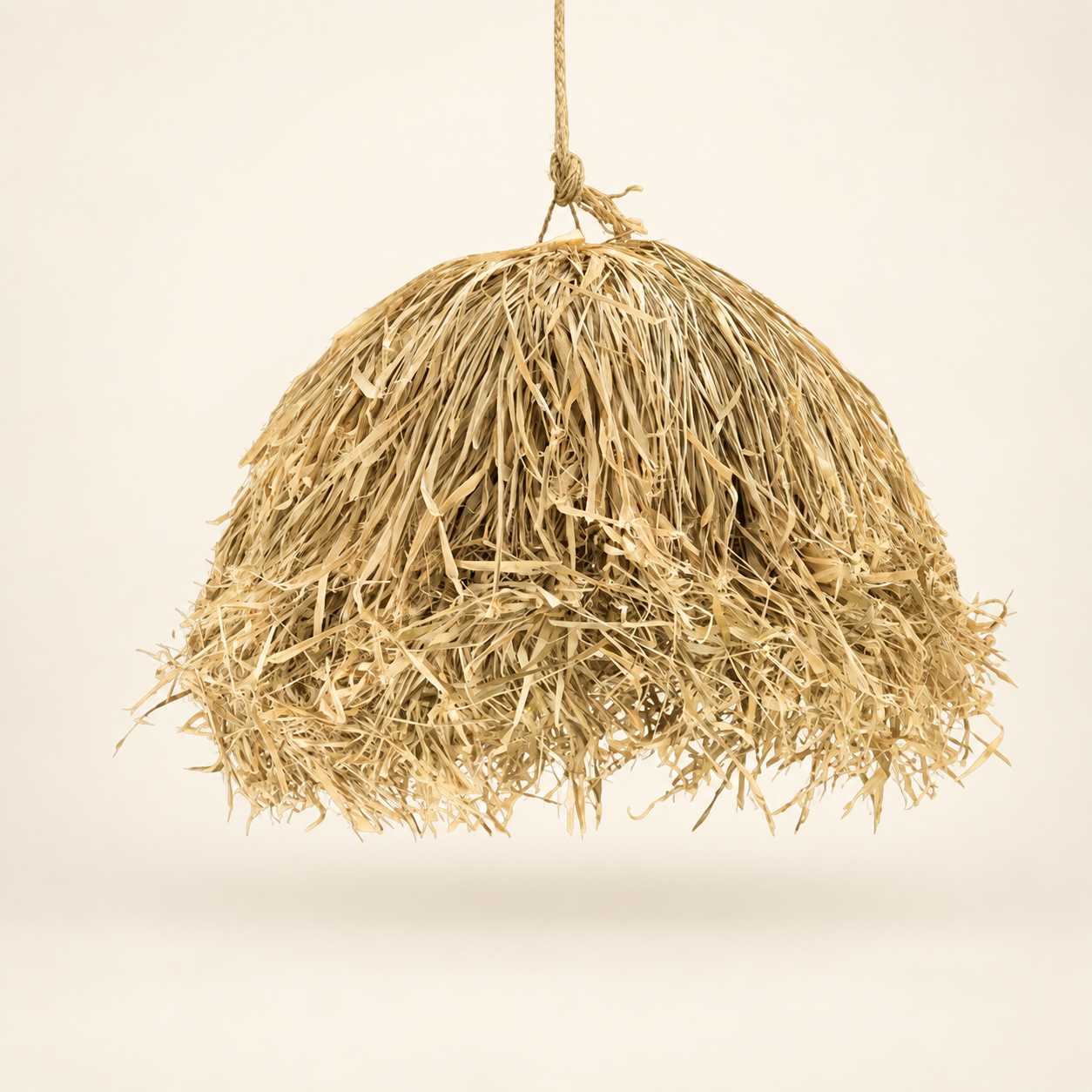 A dome-shaped pendant light made from natural dried straw or raffia fibers, suspended by a rope against a plain off-white background.